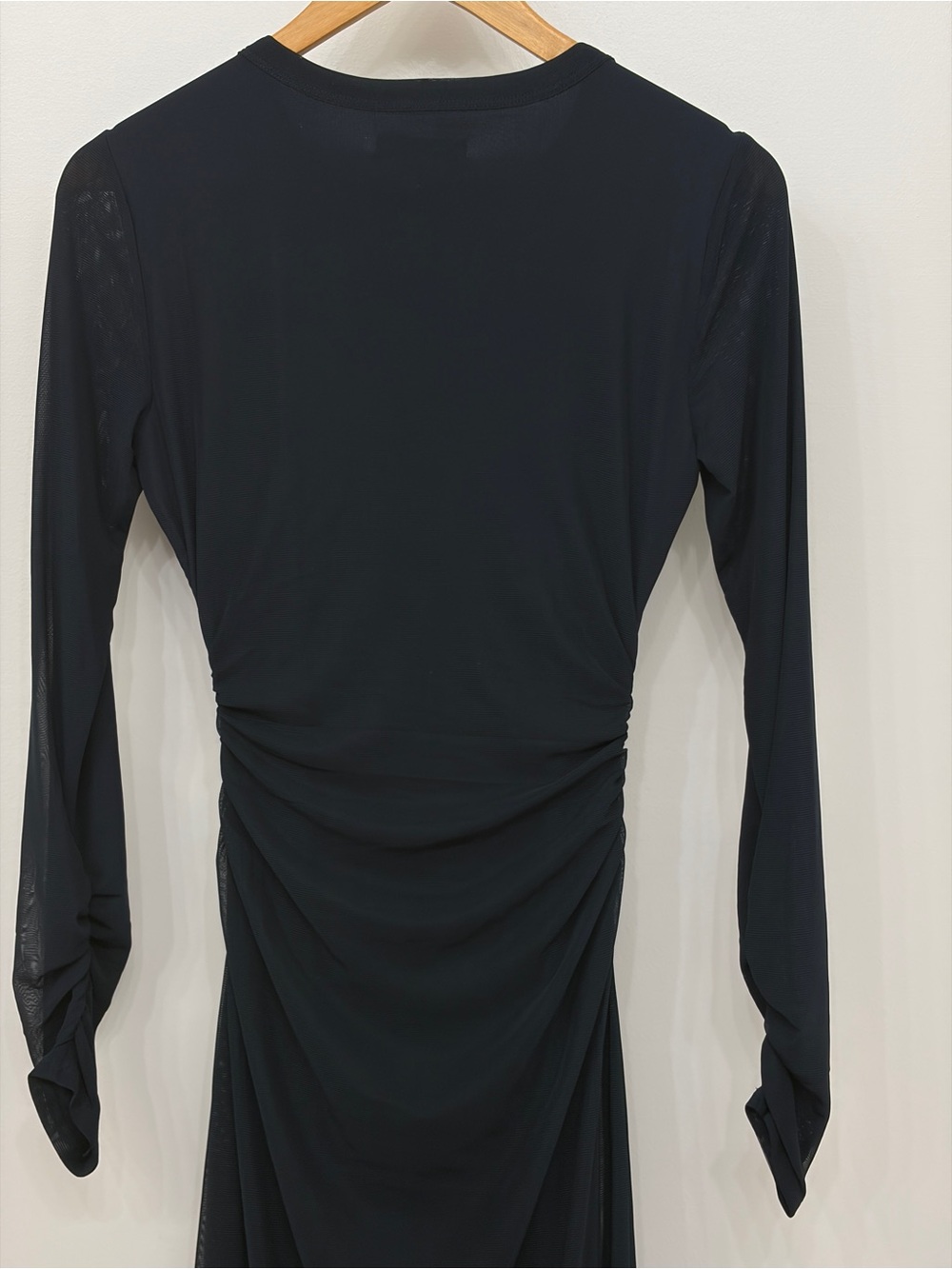Madewell Navy Blue Long-Sleeve Ruched Midi Dress sheer mesh layers sz medium - Picture 9 of 12